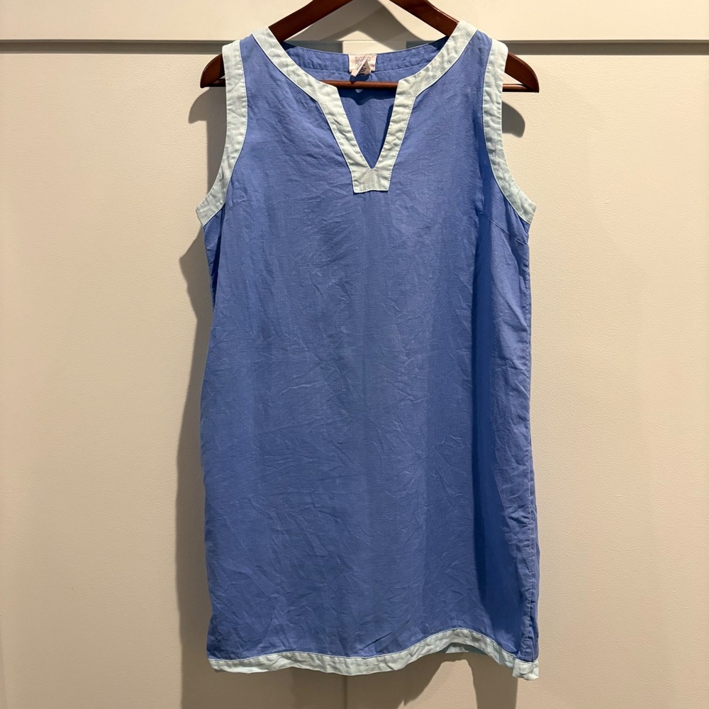 Sigrid Olsen Linen Shift Dress Womens Small Blue Sleeveless V-Neck Contrast Trim - Picture 2 of 11